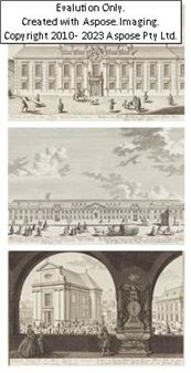 Prospect des Hoch-Gräfflichen Schönbornischen Somer-Palais, hinter der Alster Gassen; Die Kayserl. privilegierte Landschaffts-Academie in der Alster-Gassen; Prospect der Kirchen Unser Lieben Frauen Maria-Zell auf dem so genandte Kayerlichen Gottes-Ackes vor dem Schotten-Thor - Salomon Kleiner