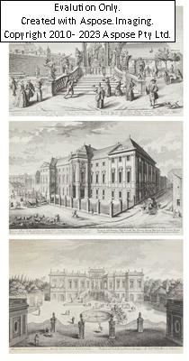 Prospect deß Vorhoffs und Garten Gebäudes deß Ertz-Bischoffen von Valence; Prospect deß Geäues Ihro Excell. Tit: Herrn... Marquis de Rofrano; Prospect des vor dem roten Thurn von vielen Gutthätern aufgerichtetes neu Ehren-Monument des H. Ioannis Nepomuk by Salomon Kleiner, 1725