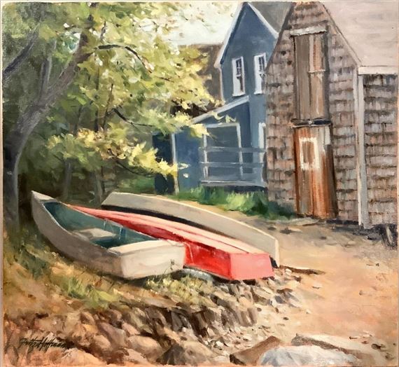 Fritz Hoffman Oil Painting of Boats and a House Measures 17” x 15 by Fritz Hoffman