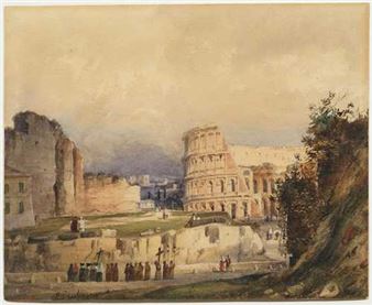 View of the coliseum in Rome with a procession - Rene Joseph Garez