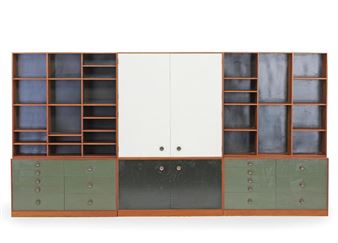 Wall unit of solid teak consisting of one low cabinet, two low chest of drawers, two tall bookcases and a tall cabinet - Jarl Heger