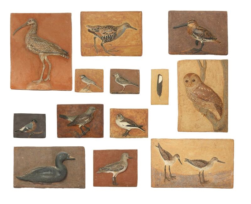 Artwork by Hans Christian Gunnar Ulf Brem Rasmussen, A collection of 13 stoneware wall reliefs modelled with relief birds, Made of polychrome glazes