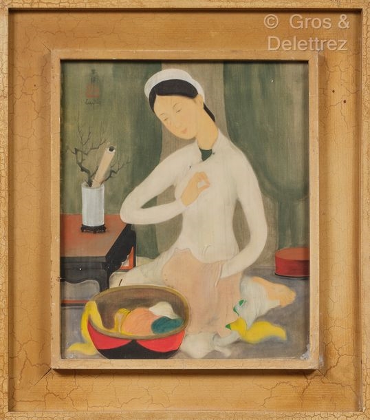 Artwork by Lê Phổ, NO ONLINE AUCTION FOR THIS  [VIETNAM/FRANCE] Young woman sewing, Made of Ink and colors on silk