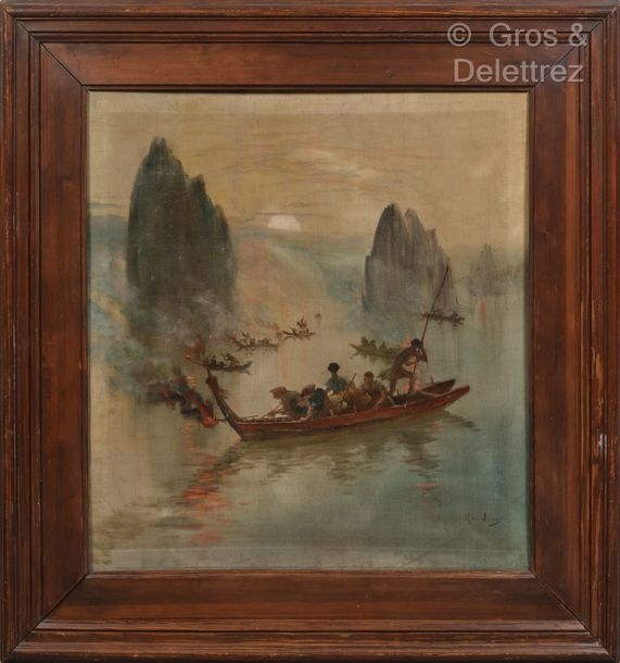 Artwork by Charles Jouas, [FRANCE] Night fishermen in Halong Bay, Made of Oil on canvas