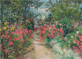 [FRANCE] Flowered path in a garden . Signed lower left. - Bernard Joseph Artigue
