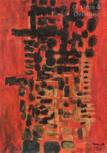 Artwork by Marie Raymond, [FRANCE] Composition sur fond rouge, Made of Oil on canvas board