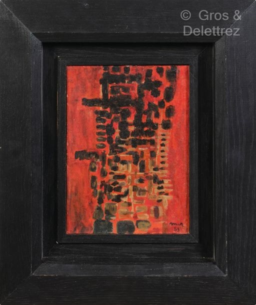 Artwork by Marie Raymond, [FRANCE] Composition sur fond rouge, Made of Oil on canvas board