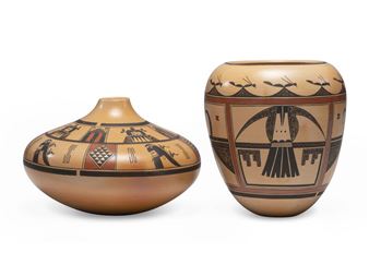 Jars, with Katsinas and Eagles; another with eagle elements and mosquitoes - Gloria Mahle