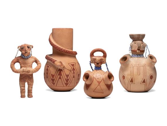 Two, four spouted jars; a vase with a serpent wrapped around the neck; a male figure - Elmer Gates