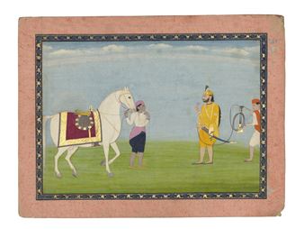 A SIKH NOBLE INSPECTING A HORSE - Guler School, 19th Century