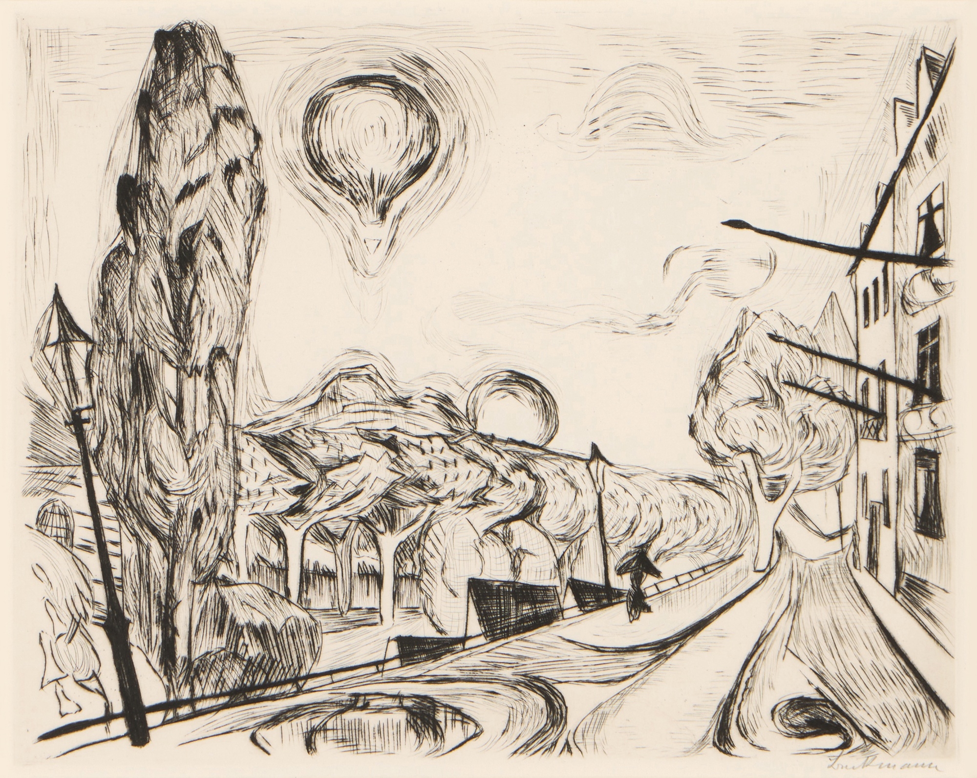 Artwork by Max Beckmann, Landschaft mit ballon, from Gesichter (Glasser 134), Made of Drypoint on laid paper