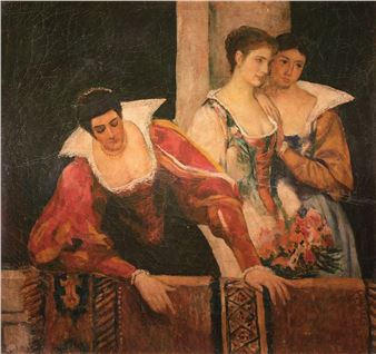 Personajes femeninos en un balcón - European School, 19th Century