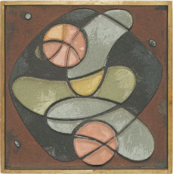 o.T. (Blaue, grüne und rote Formen auf schwarzbraunem Grund