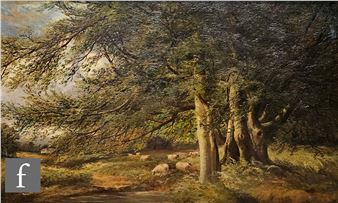 A wooded landscape with sheep grazing by a pond - George A. Boyle