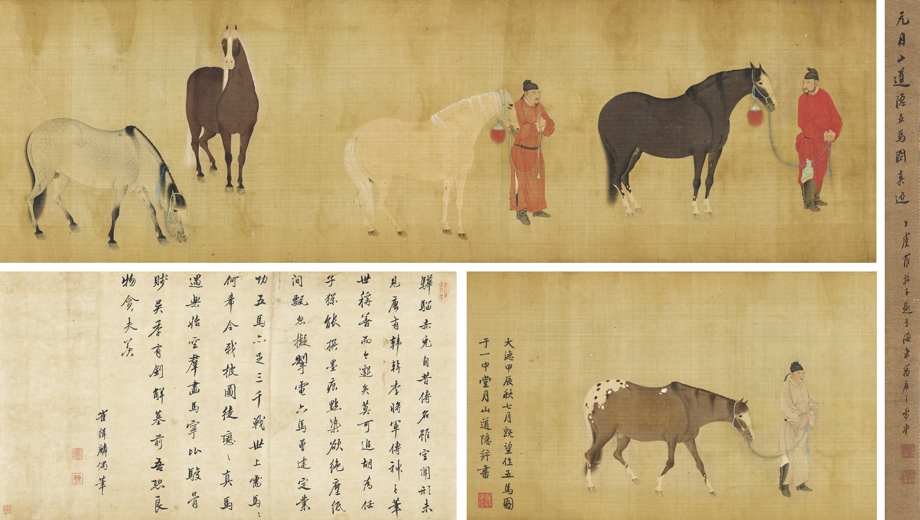 Artwork by Ren Renfa, Five Horses and Grooms, Made of ink and colour on silk