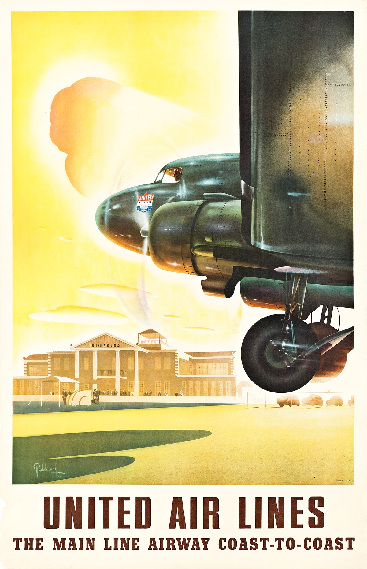 Artwork by Arthur C. Radebaugh, UNITED AIR LINES / THE MAIN LINE AIRWAY COAST - TO - COAST. 1938., Made of poster
