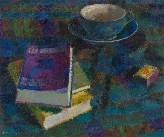 A vibrant still life featuring a cup, books, and a box on a textured surface.