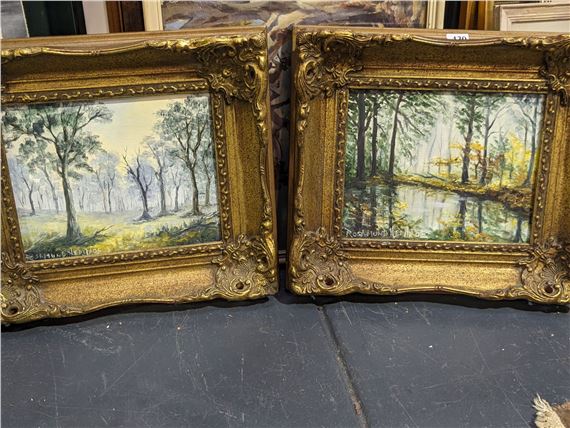 Oil paintings depicting river and gum tree scenes by Rosamund Heritage