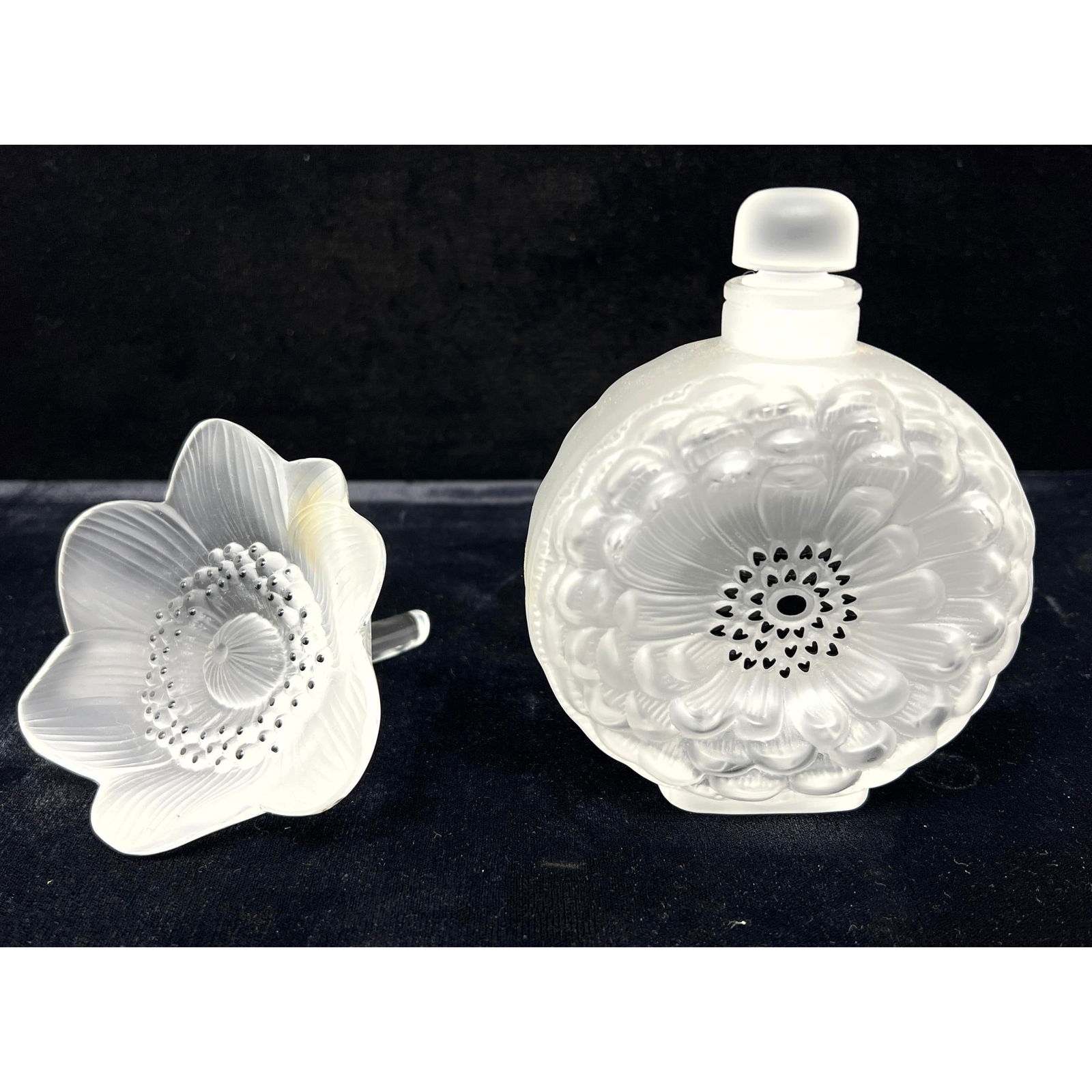 Artwork by René Lalique, 2pc LALIQUE France Crystal. Dahlia Flower Perfume Bottle Perfumer. Frosted Crystal Anemone Flower, Made of Frosted Crystal Anemone Flower Sculpture