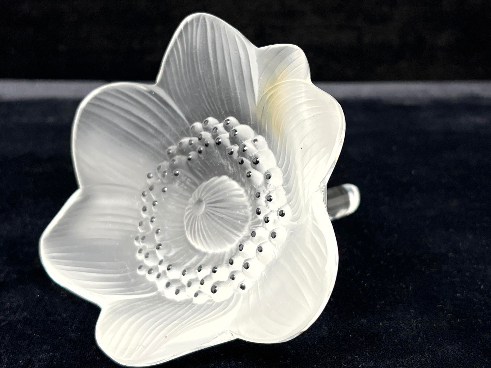 Artwork by René Lalique, 2pc LALIQUE France Crystal. Dahlia Flower Perfume Bottle Perfumer. Frosted Crystal Anemone Flower, Made of Frosted Crystal Anemone Flower Sculpture