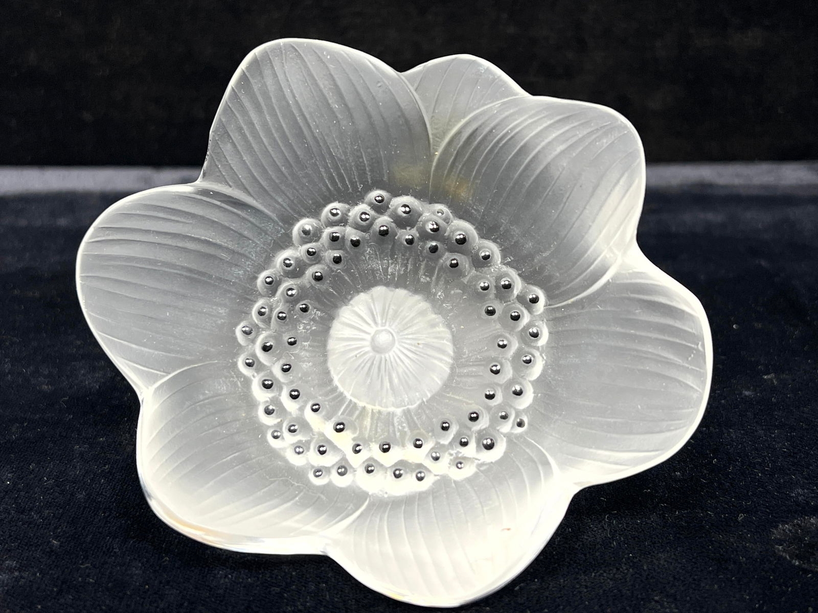 Artwork by René Lalique, 2pc LALIQUE France Crystal. Dahlia Flower Perfume Bottle Perfumer. Frosted Crystal Anemone Flower, Made of Frosted Crystal Anemone Flower Sculpture