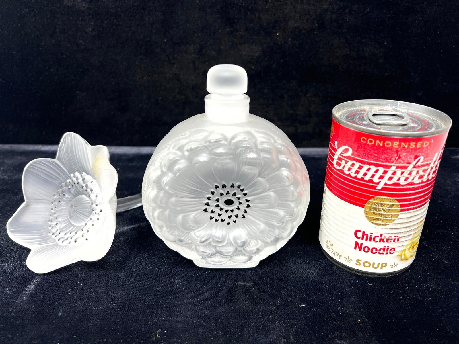 Artwork by René Lalique, 2pc LALIQUE France Crystal. Dahlia Flower Perfume Bottle Perfumer. Frosted Crystal Anemone Flower, Made of Frosted Crystal Anemone Flower Sculpture