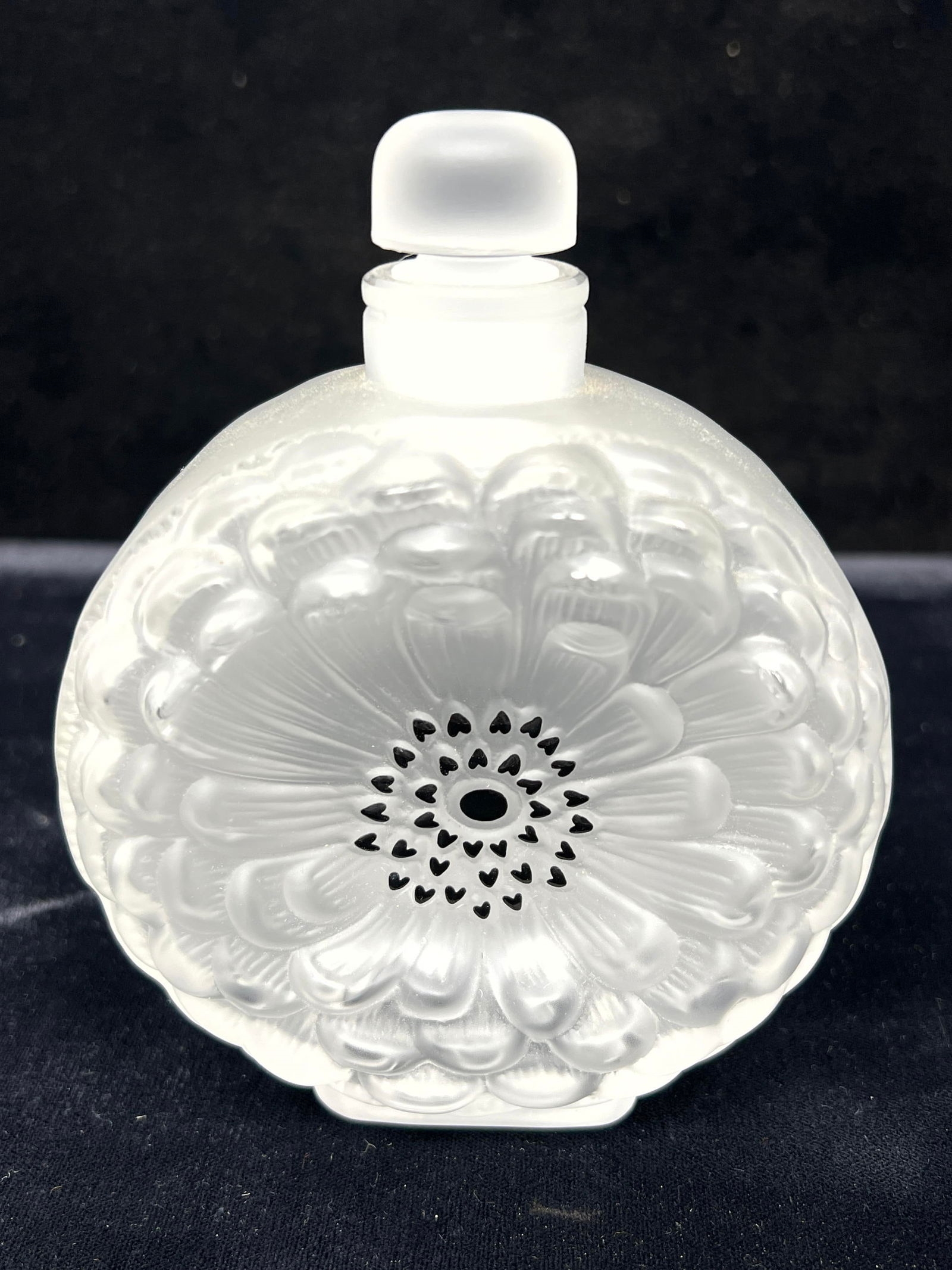 Artwork by René Lalique, 2pc LALIQUE France Crystal. Dahlia Flower Perfume Bottle Perfumer. Frosted Crystal Anemone Flower, Made of Frosted Crystal Anemone Flower Sculpture