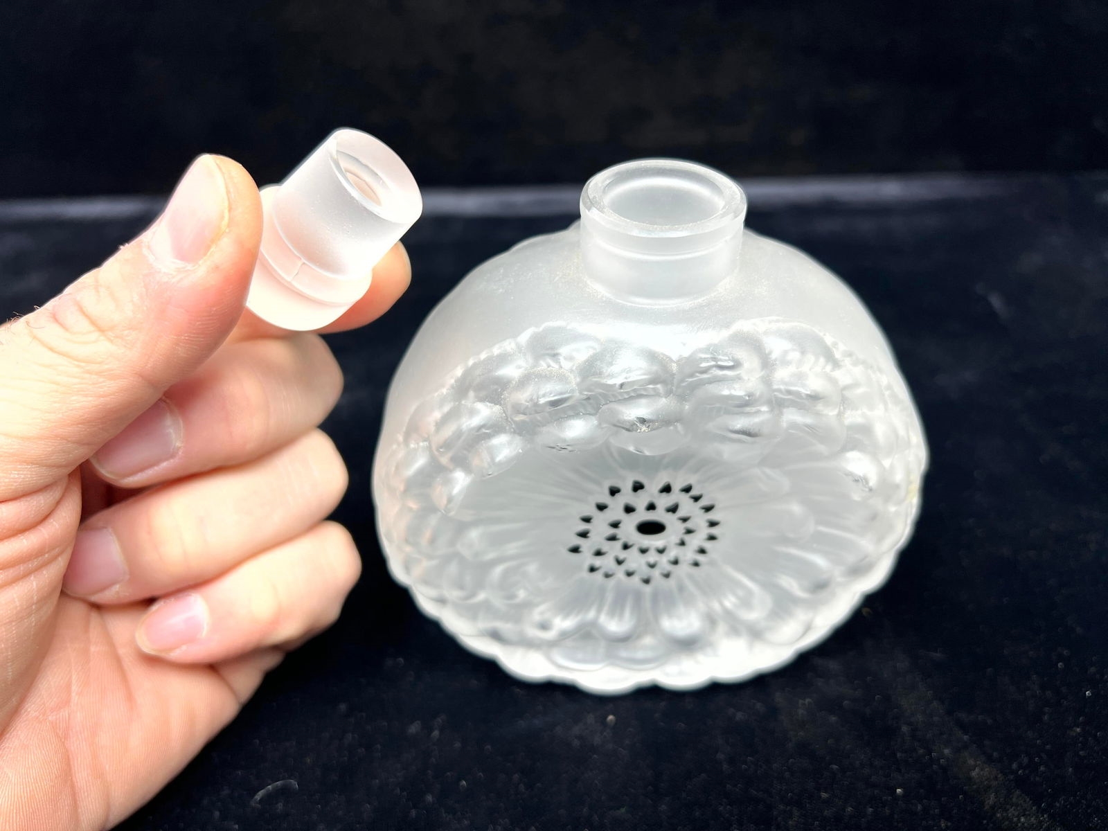 Artwork by René Lalique, 2pc LALIQUE France Crystal. Dahlia Flower Perfume Bottle Perfumer. Frosted Crystal Anemone Flower, Made of Frosted Crystal Anemone Flower Sculpture