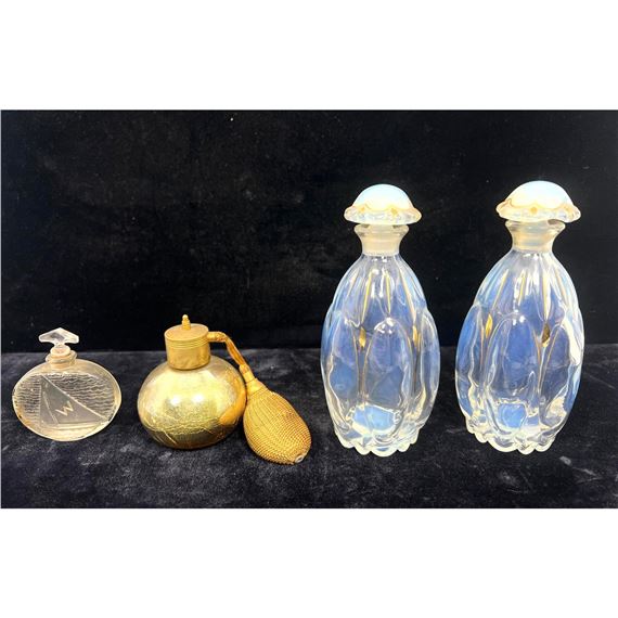 4 pc Perfume Bottles. R Lalique, Sabino, DeVilbiss atomizer