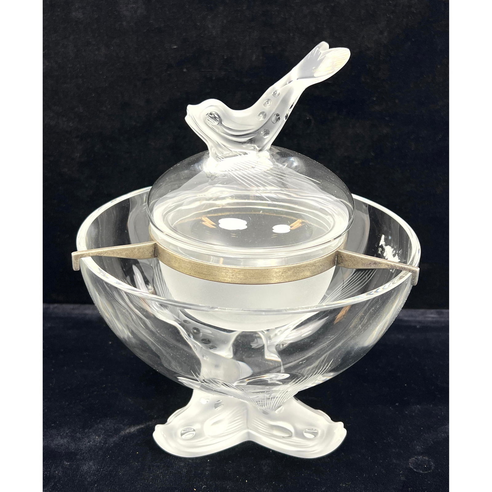 Artwork by René Lalique, LALIQUE France Frosted Crystal IGOR Caviar Bowl. Figural Dolphin Finial. Engraved Mark, Made of frosted crystal
