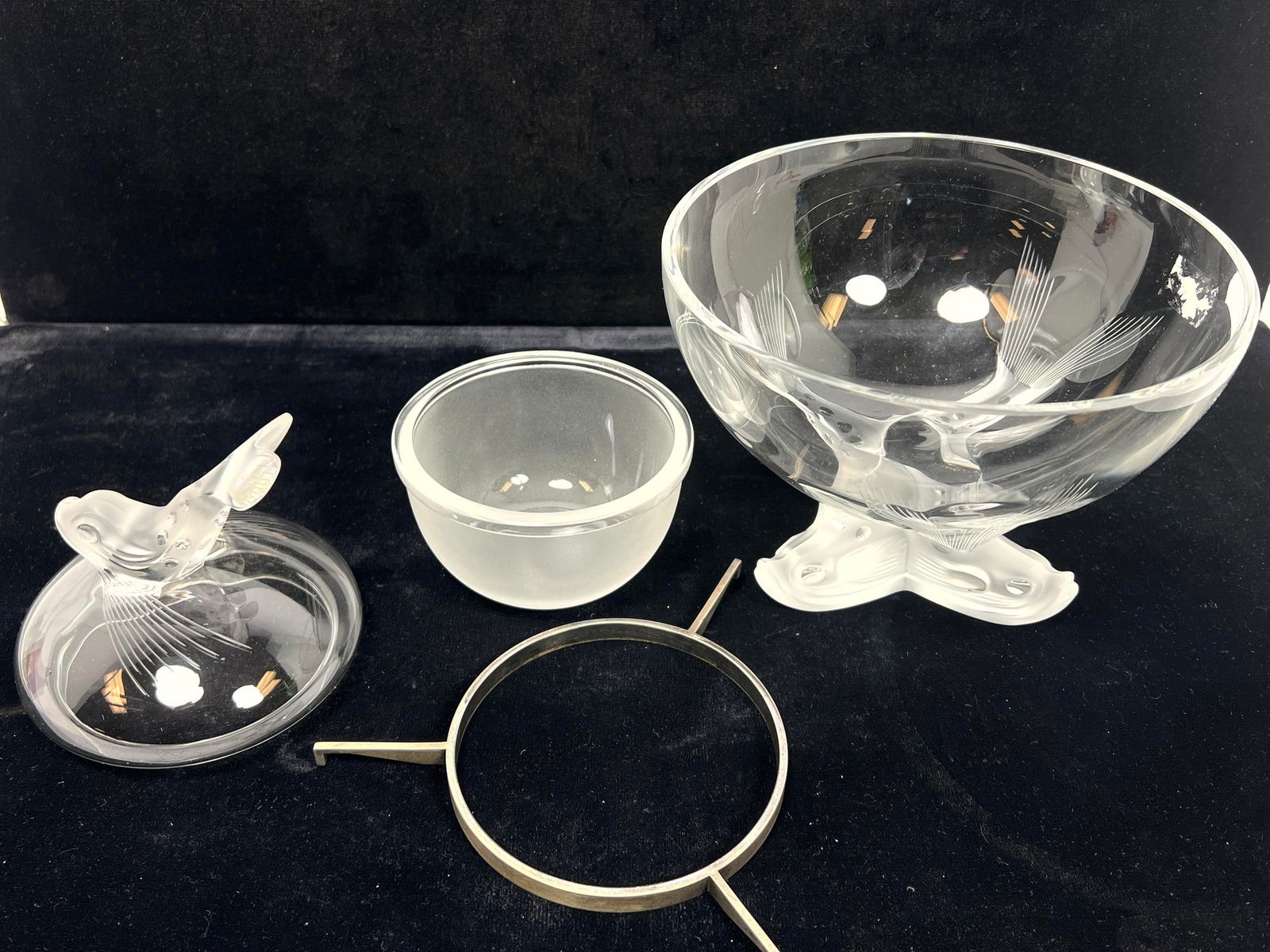 Artwork by René Lalique, LALIQUE France Frosted Crystal IGOR Caviar Bowl. Figural Dolphin Finial. Engraved Mark, Made of frosted crystal