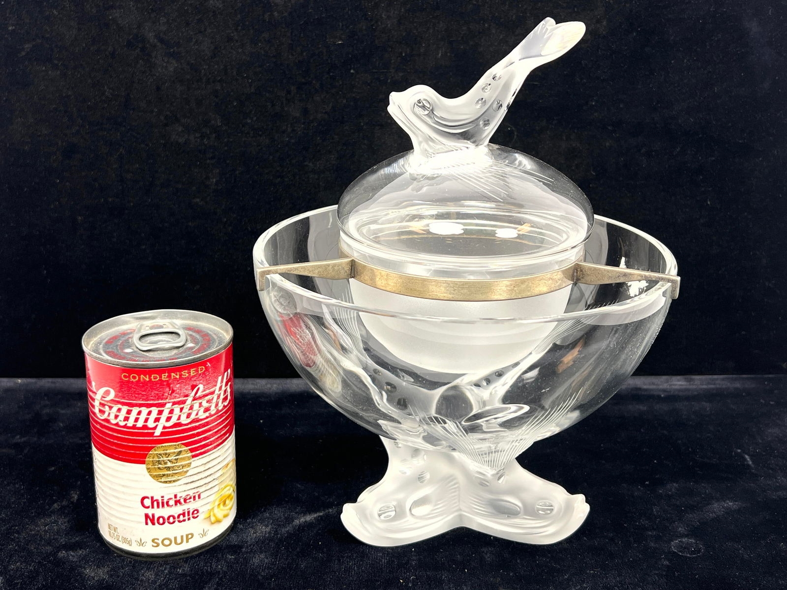 Artwork by René Lalique, LALIQUE France Frosted Crystal IGOR Caviar Bowl. Figural Dolphin Finial. Engraved Mark, Made of frosted crystal