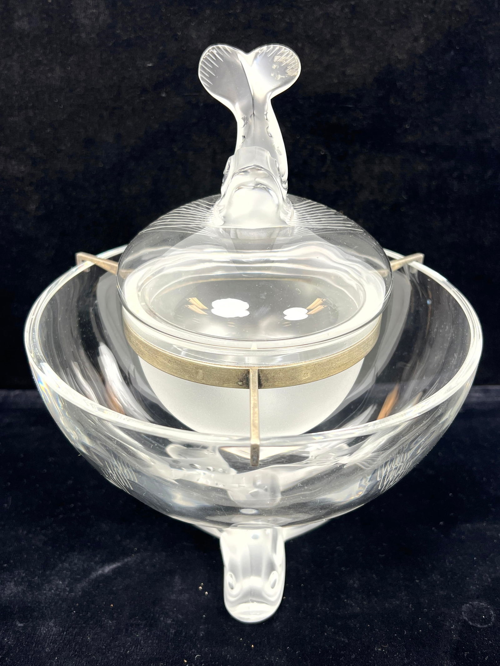 Artwork by René Lalique, LALIQUE France Frosted Crystal IGOR Caviar Bowl. Figural Dolphin Finial. Engraved Mark, Made of frosted crystal