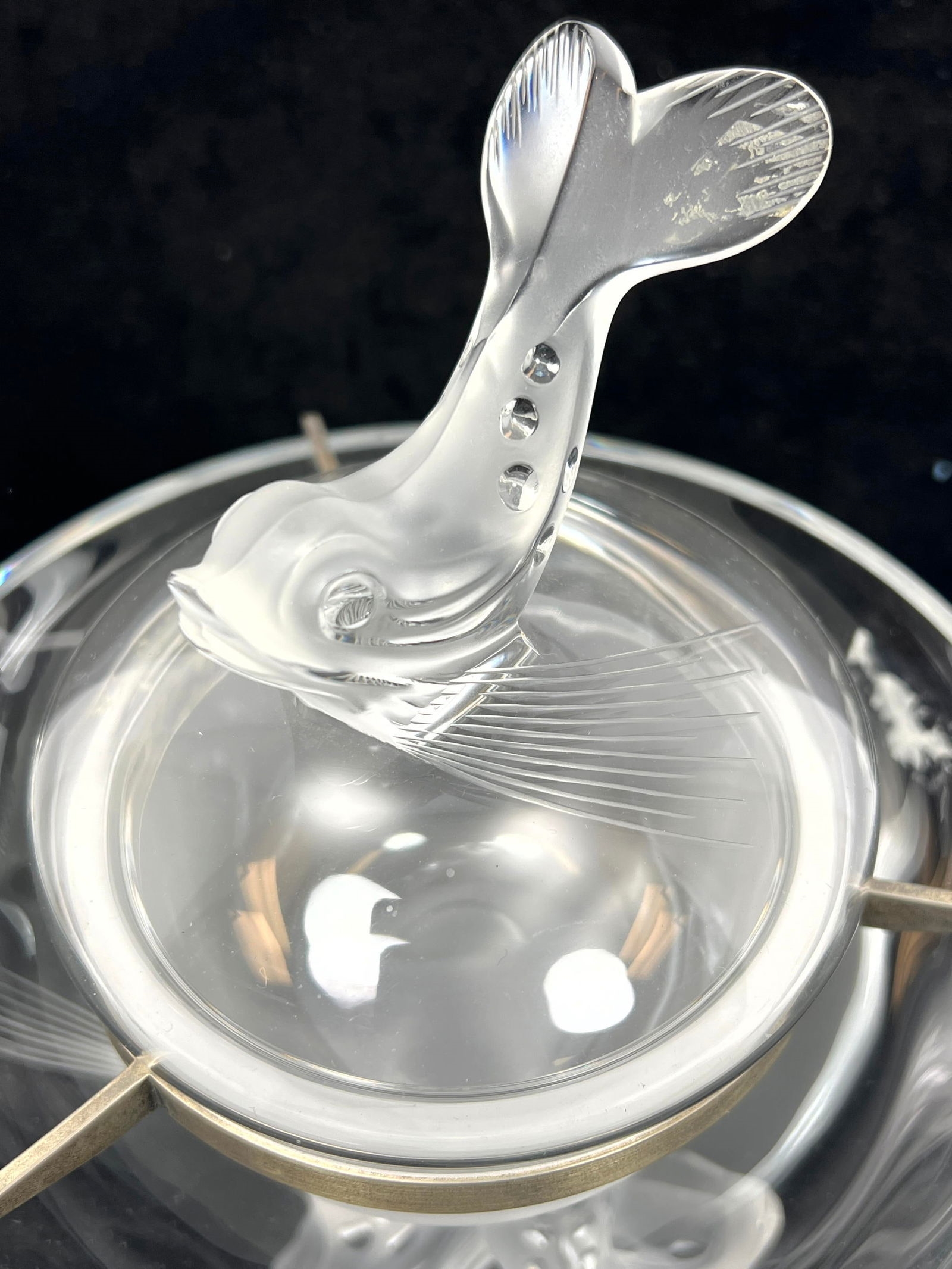 Artwork by René Lalique, LALIQUE France Frosted Crystal IGOR Caviar Bowl. Figural Dolphin Finial. Engraved Mark, Made of frosted crystal