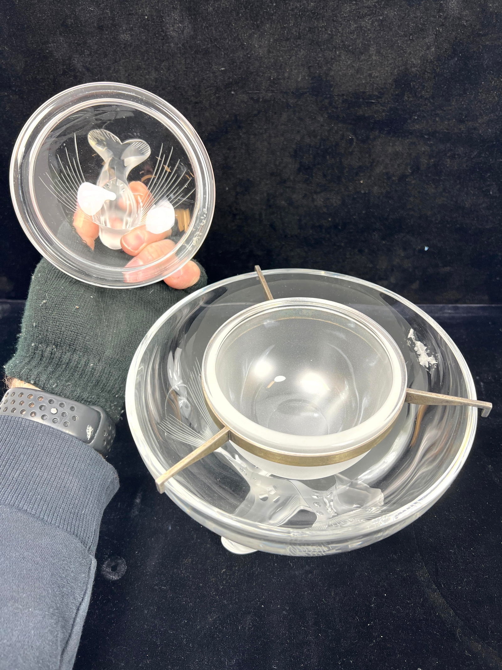 Artwork by René Lalique, LALIQUE France Frosted Crystal IGOR Caviar Bowl. Figural Dolphin Finial. Engraved Mark, Made of frosted crystal