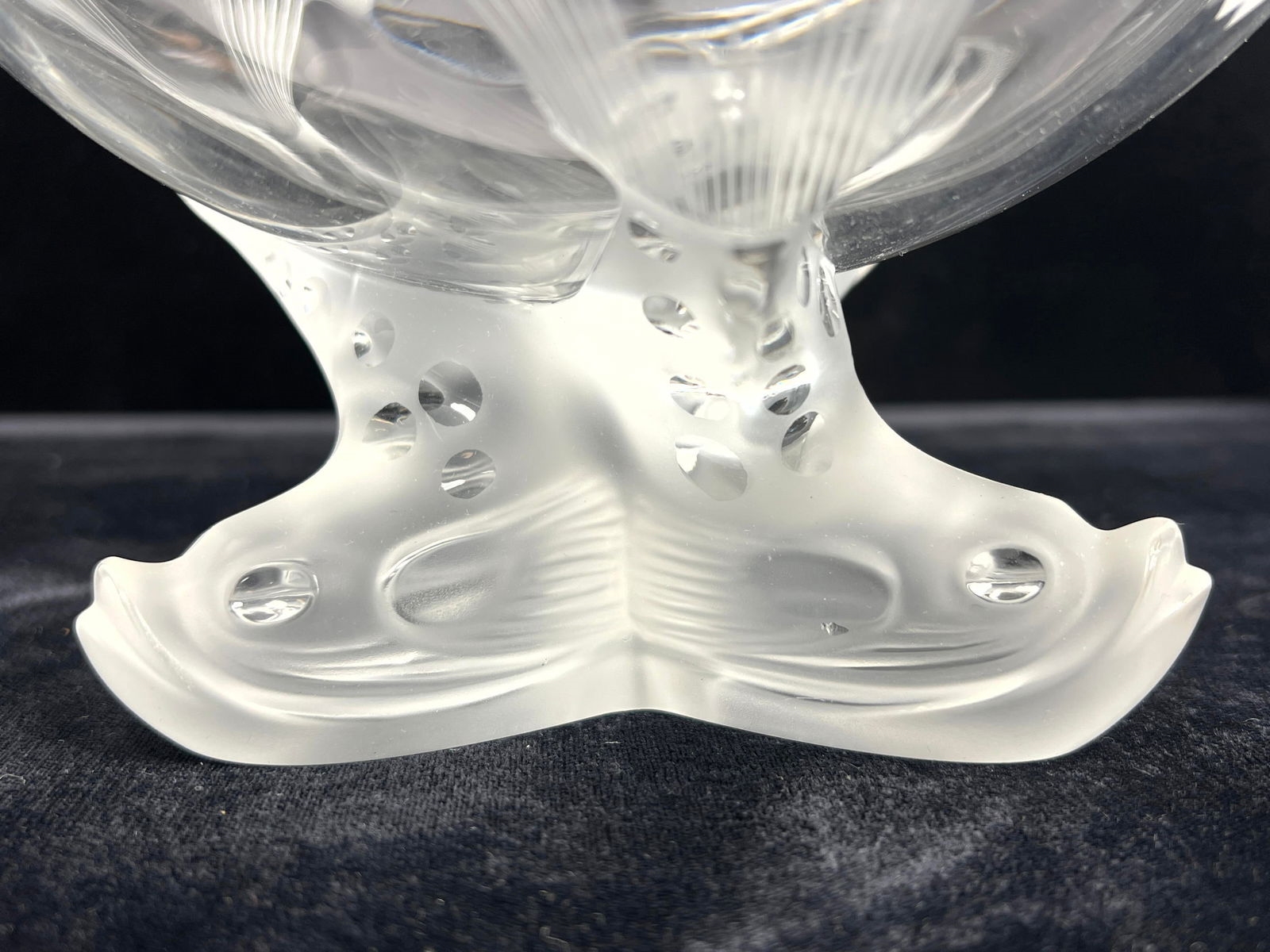 Artwork by René Lalique, LALIQUE France Frosted Crystal IGOR Caviar Bowl. Figural Dolphin Finial. Engraved Mark, Made of frosted crystal