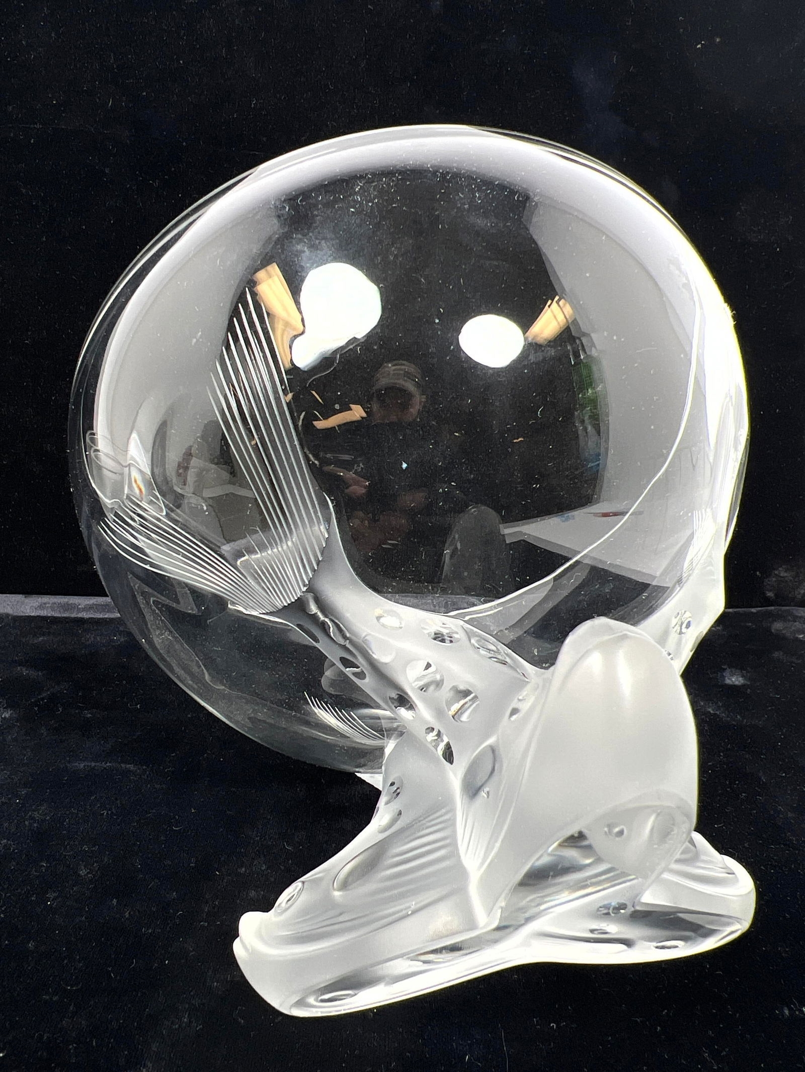 Artwork by René Lalique, LALIQUE France Frosted Crystal IGOR Caviar Bowl. Figural Dolphin Finial. Engraved Mark, Made of frosted crystal