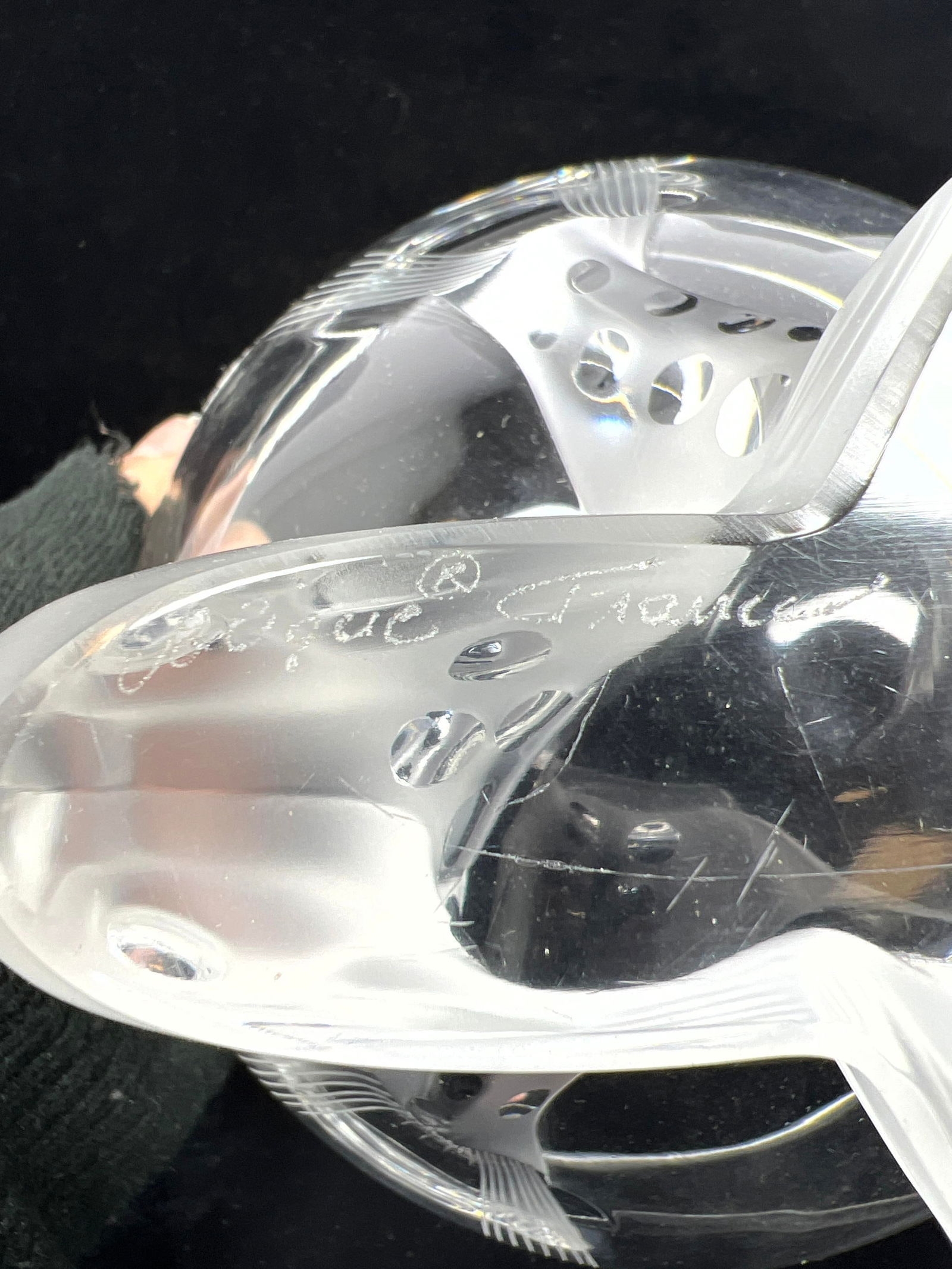 Artwork by René Lalique, LALIQUE France Frosted Crystal IGOR Caviar Bowl. Figural Dolphin Finial. Engraved Mark, Made of frosted crystal