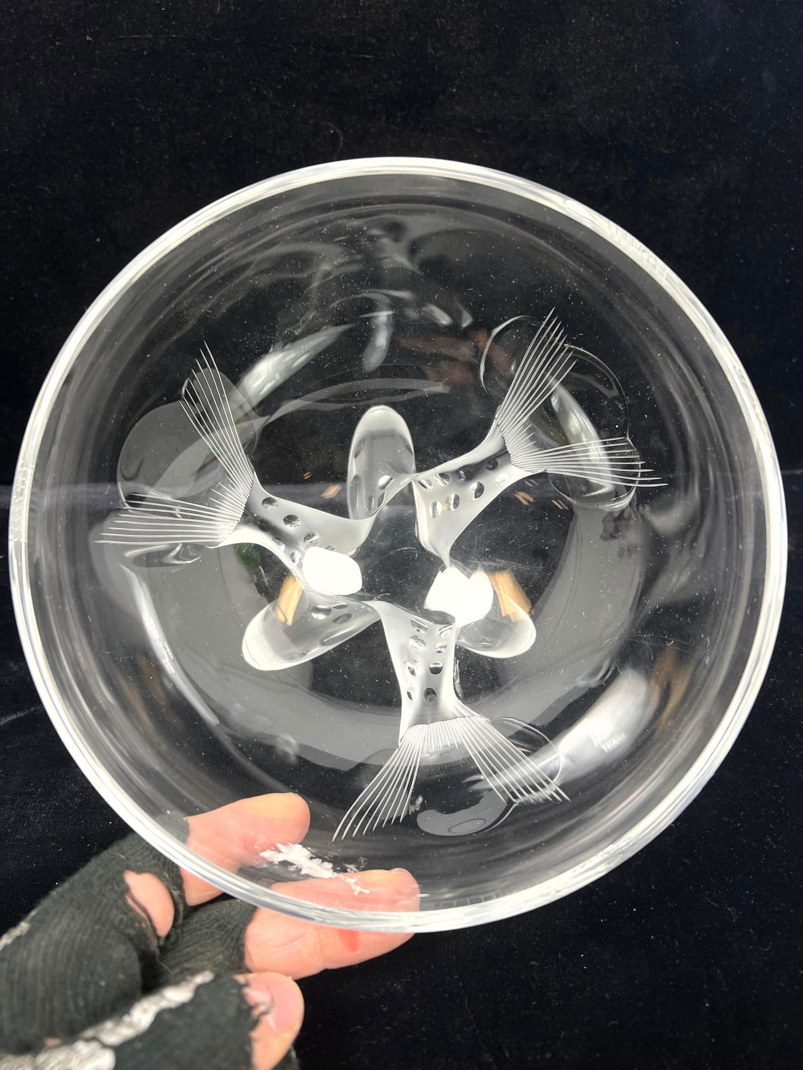 Artwork by René Lalique, LALIQUE France Frosted Crystal IGOR Caviar Bowl. Figural Dolphin Finial. Engraved Mark, Made of frosted crystal