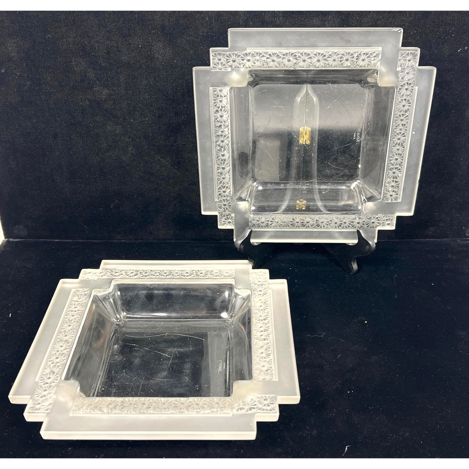 Artwork by René Lalique, 2pc Rene Lalique Paquerettes-2 square plates. Both signed, Made of plates