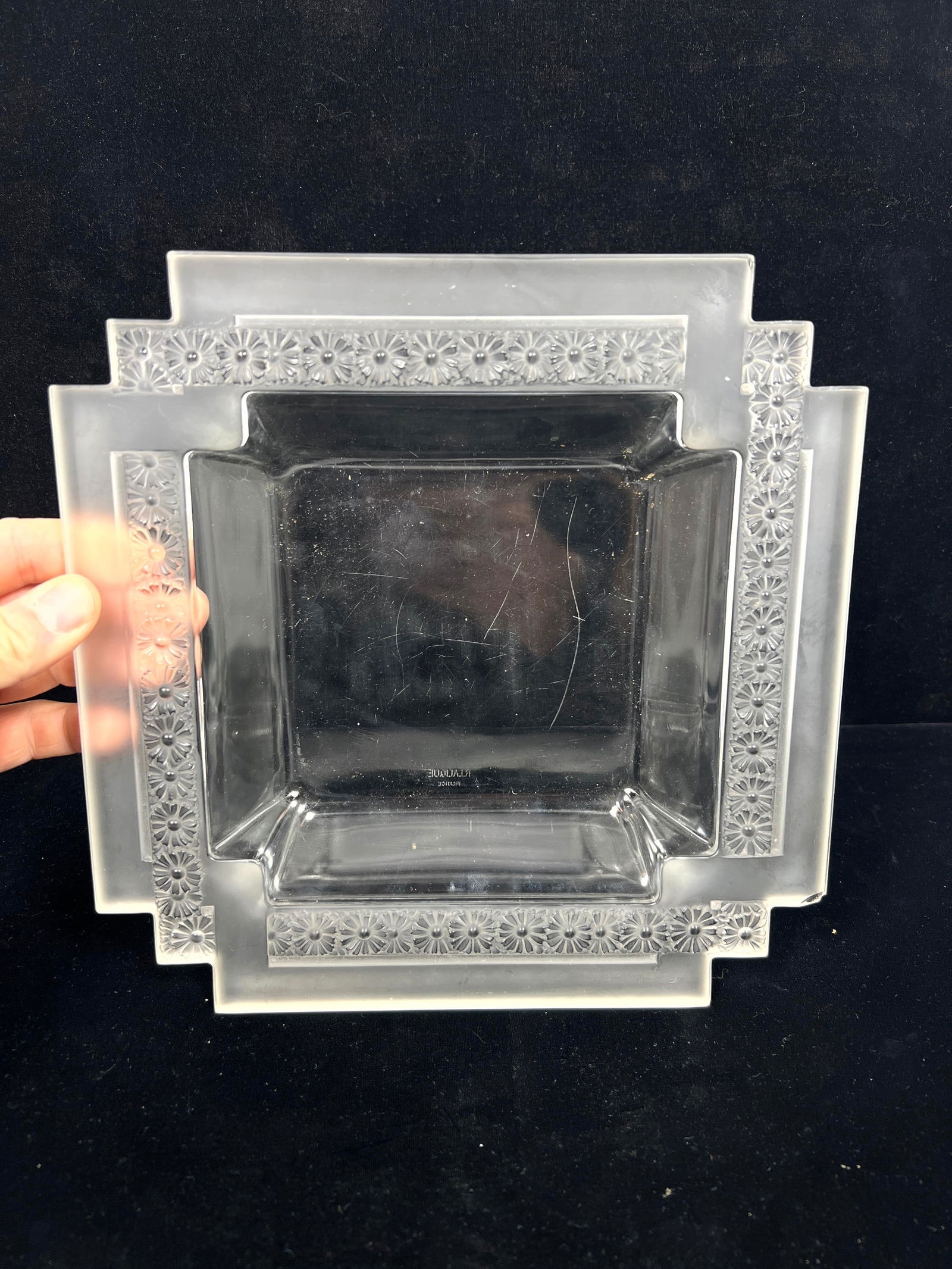 Artwork by René Lalique, 2pc Rene Lalique Paquerettes-2 square plates. Both signed, Made of plates