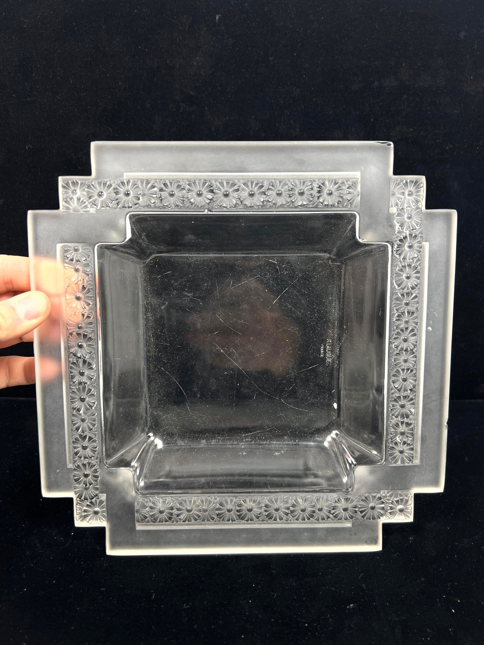 Artwork by René Lalique, 2pc Rene Lalique Paquerettes-2 square plates. Both signed, Made of plates