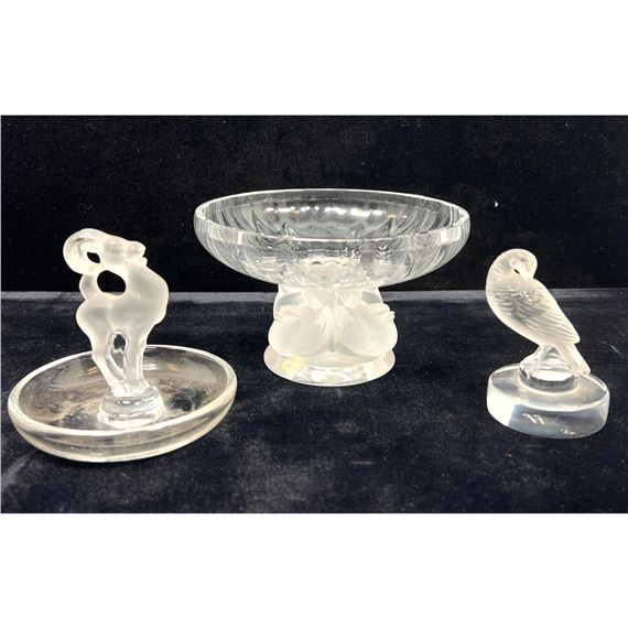 Collection 3 LALIQUE France Crystal Items. 1). Nogent Sparrow Pedestal Compote. 2). Turtle Dove Bird