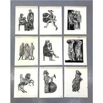 9pc CARLA BAUER wood cut illustrations. From the Franklin library, Euripides 1. Carla Bauer stamp on - Carla Bauer