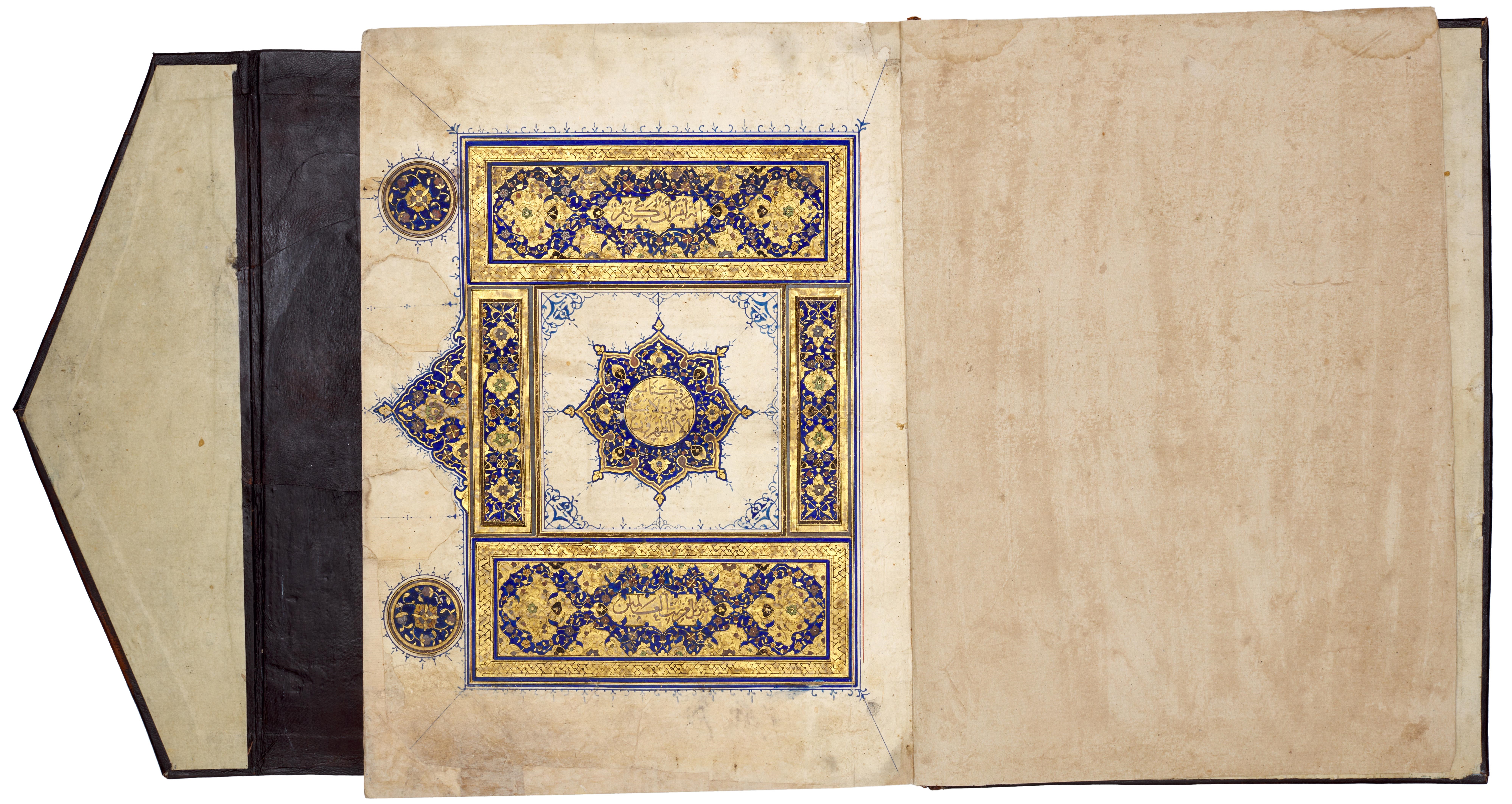 Artwork by Muhammad Abu Al-fadl Ibn ‘abd Al-wahhab Al-a’raj, A large illuminated Mamluk Qur’an, Made of Arabic manuscript on paper, 293 leaves, plus 3 flyleaves, 13 lines to the page written in naskh in black ink, verses separated by gold rosettes with red and blue dots, surah headings in large white thuluth within illuminated panels, further text divisions marked by illuminated marginal medallions, f.1a with 16th century Ottoman illuminated frontispiece, f.1b and f.2a with double page illuminated frontispiece framing text written in blue and gold