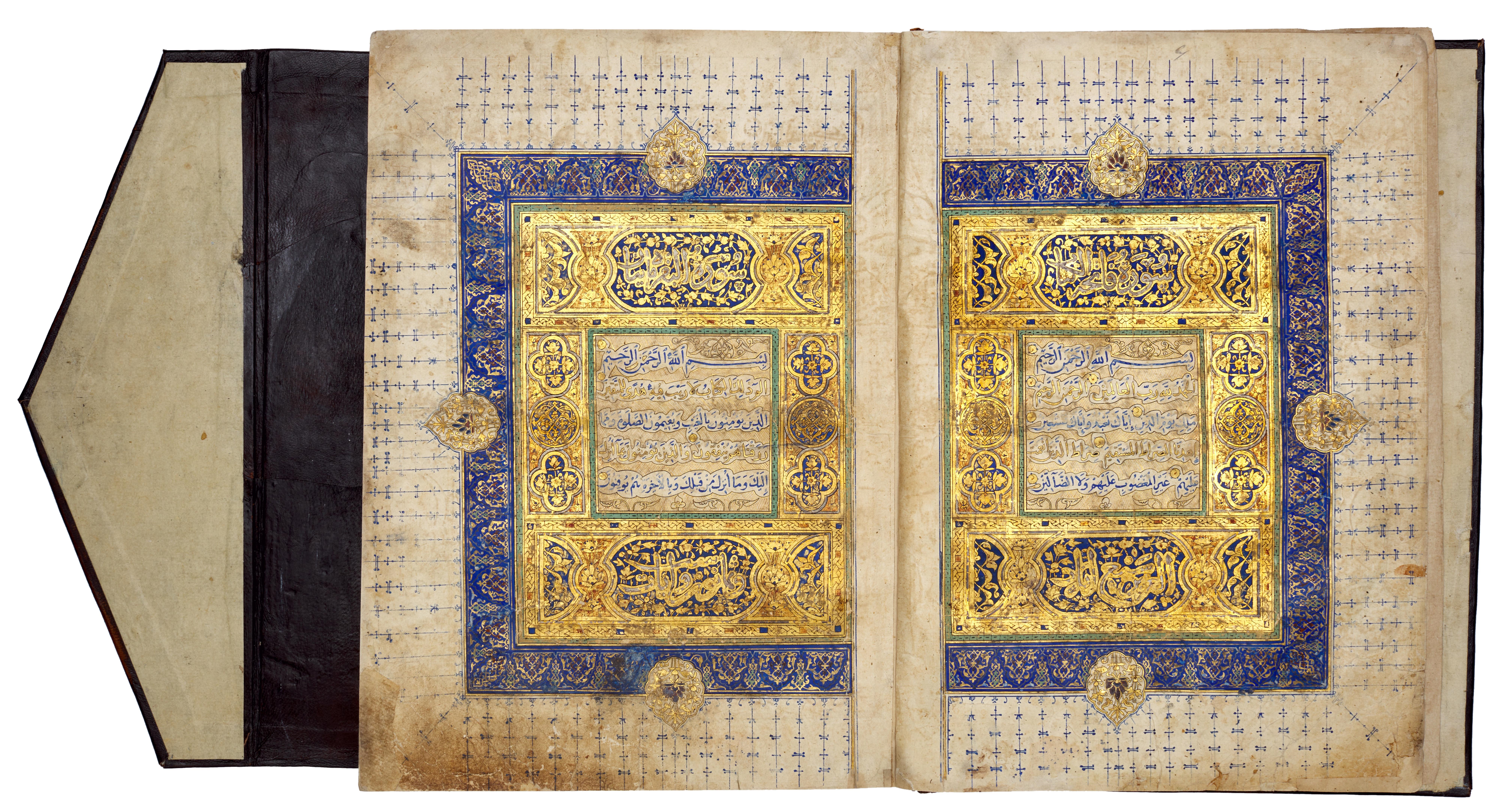 Artwork by Muhammad Abu Al-fadl Ibn ‘abd Al-wahhab Al-a’raj, A large illuminated Mamluk Qur’an, Made of Arabic manuscript on paper, 293 leaves, plus 3 flyleaves, 13 lines to the page written in naskh in black ink, verses separated by gold rosettes with red and blue dots, surah headings in large white thuluth within illuminated panels, further text divisions marked by illuminated marginal medallions, f.1a with 16th century Ottoman illuminated frontispiece, f.1b and f.2a with double page illuminated frontispiece framing text written in blue and gold