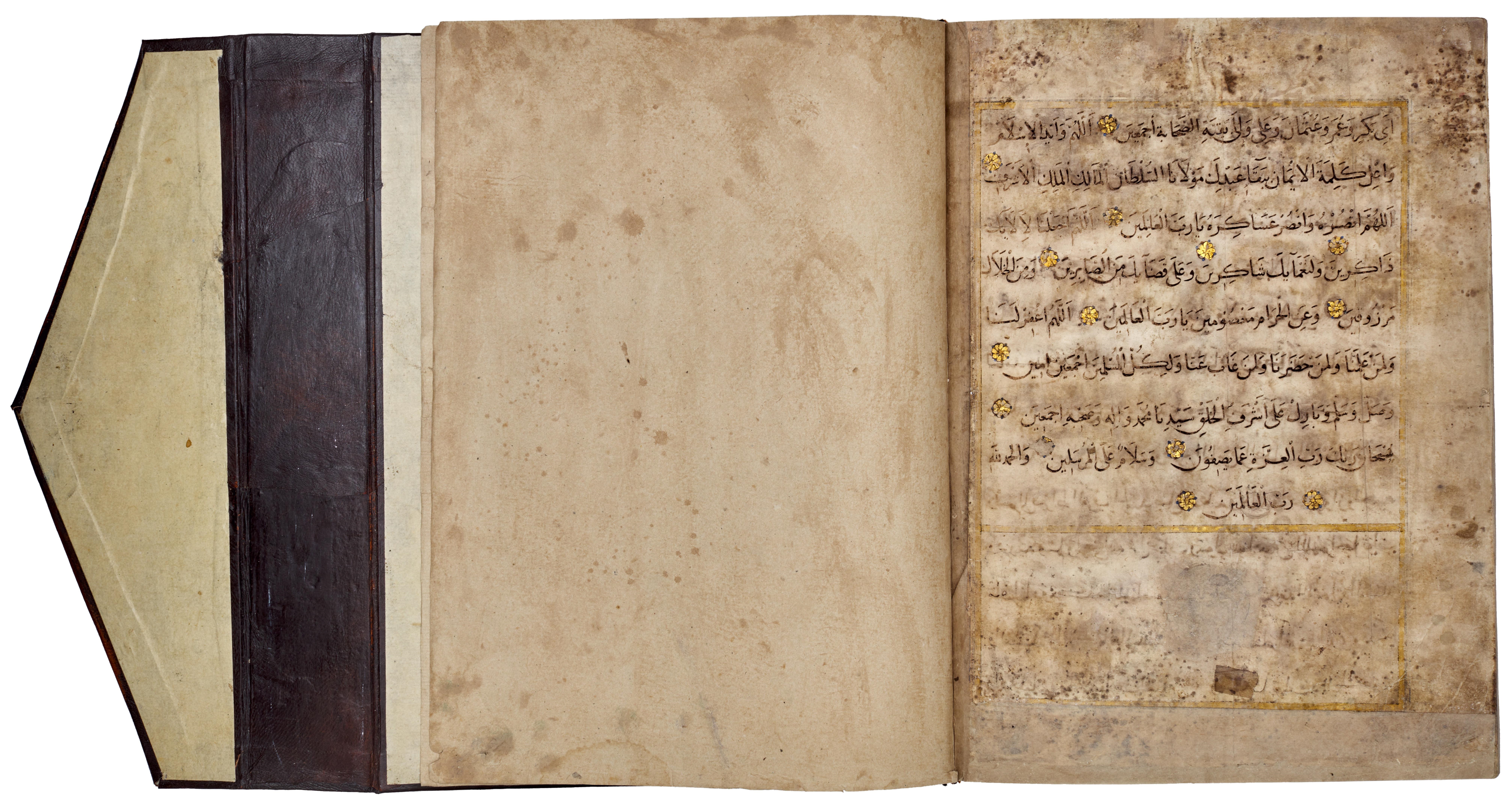 Artwork by Muhammad Abu Al-fadl Ibn ‘abd Al-wahhab Al-a’raj, A large illuminated Mamluk Qur’an, Made of Arabic manuscript on paper, 293 leaves, plus 3 flyleaves, 13 lines to the page written in naskh in black ink, verses separated by gold rosettes with red and blue dots, surah headings in large white thuluth within illuminated panels, further text divisions marked by illuminated marginal medallions, f.1a with 16th century Ottoman illuminated frontispiece, f.1b and f.2a with double page illuminated frontispiece framing text written in blue and gold