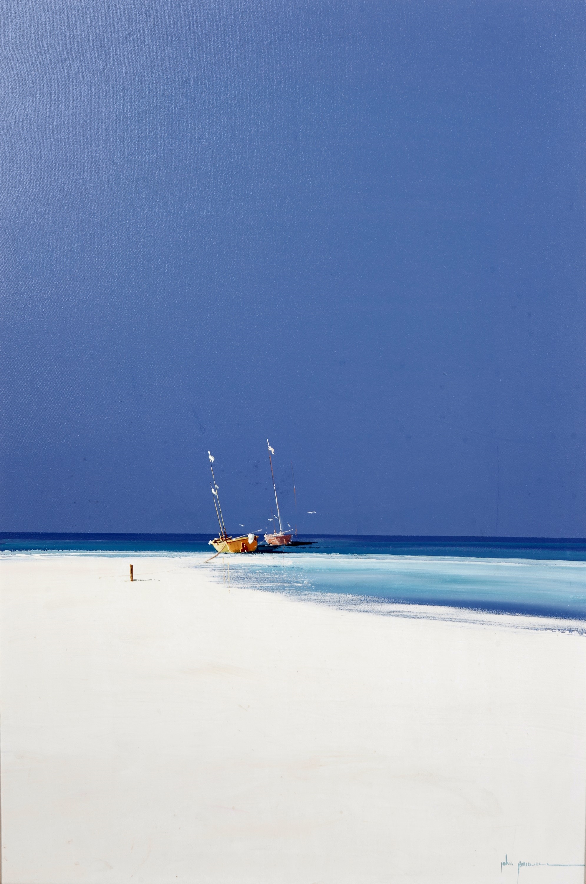 Artwork by John Horswell, Beach scene with boats,, Made of oil on canvas