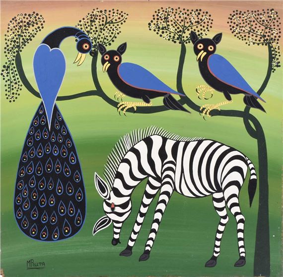 Zebra and birds perched in tree by Hashim Mruta, 1942