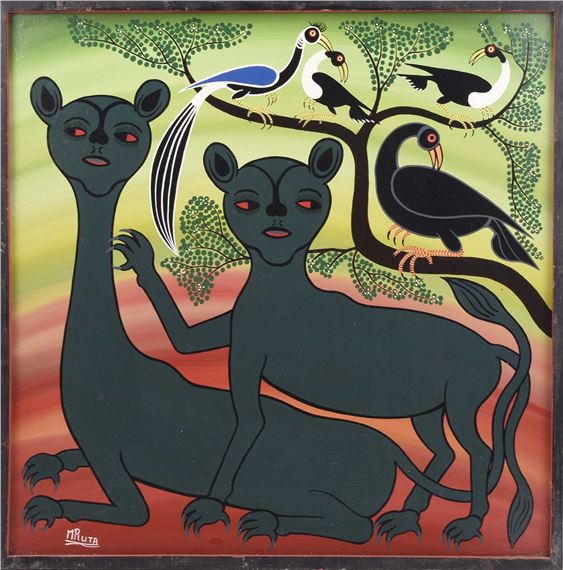 Two panthers, Tingatinga school by Hashim Mruta, 1942